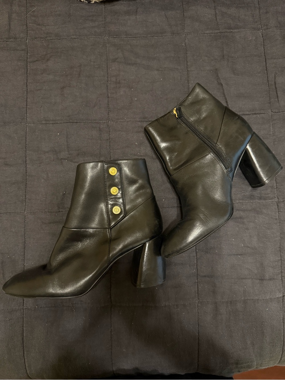 Nine West Black Leather Ankle Boots with Gold Button Detail - Picture 2 of 6